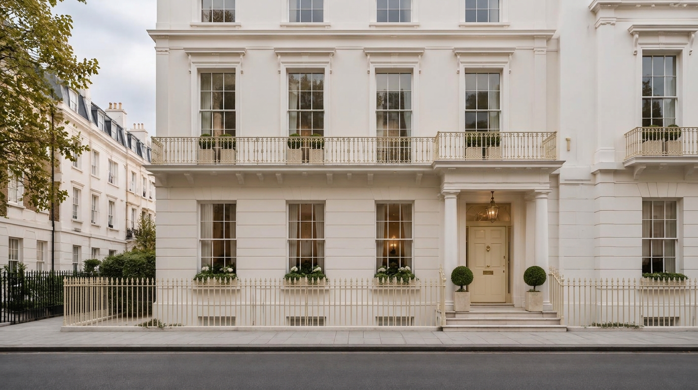 Elegant white London townhouse with Georgian detailing